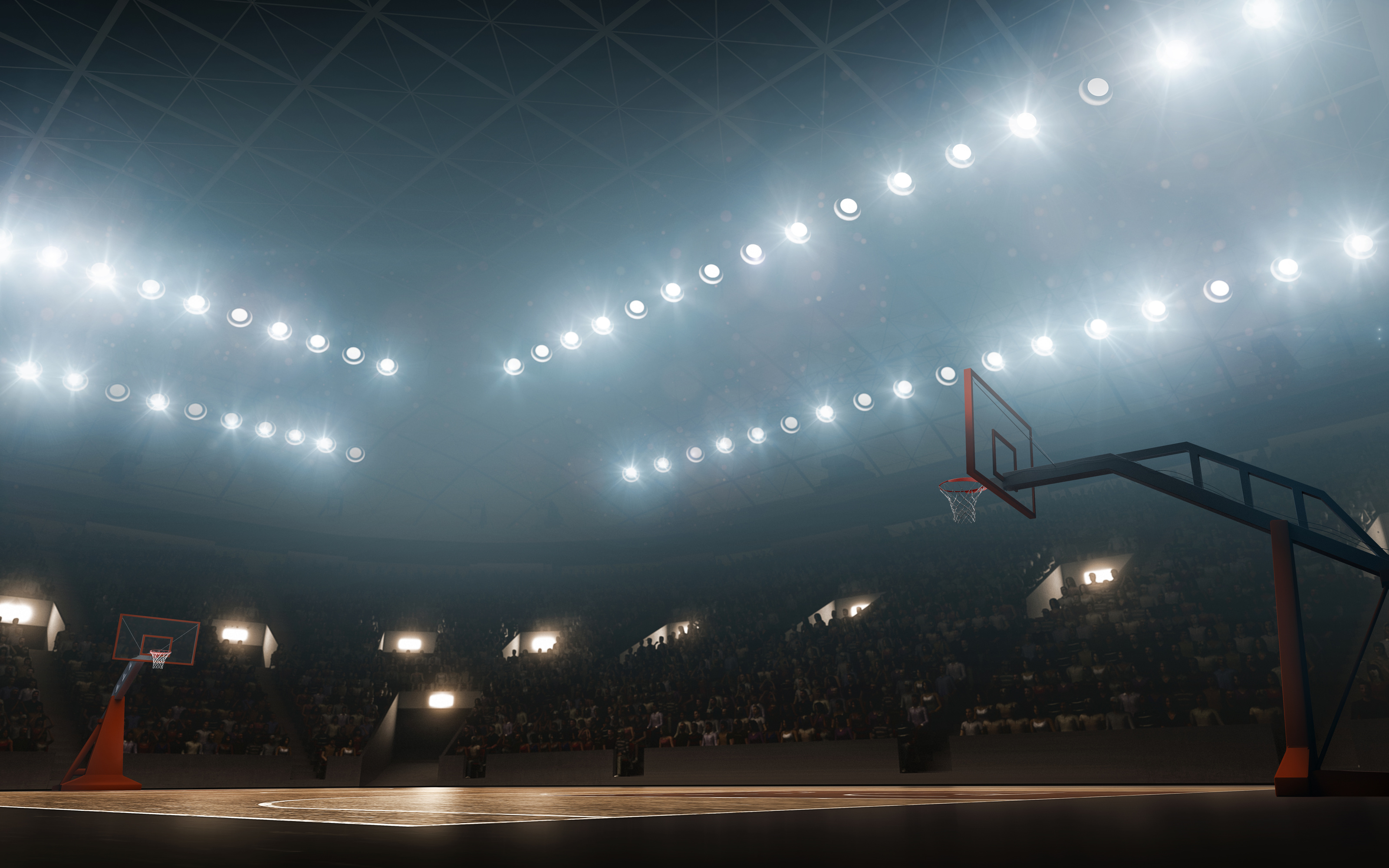 Floodlit empty basketball court